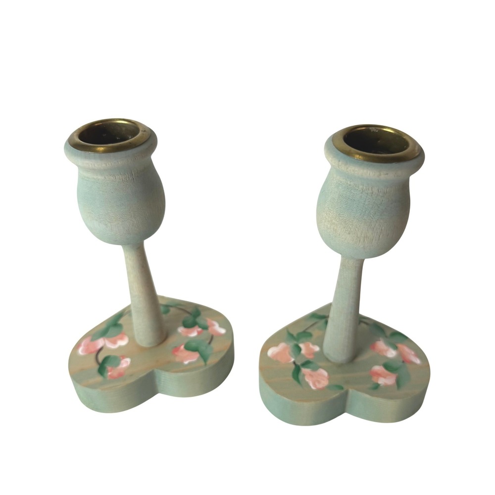 Vintage Hand Painted Wood Heart Taper Candle Holders Light Green Floral Set of 2
